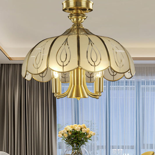 Colonial Scalloped Hanging Lighting 5 Bulbs Satin Opal Glass Semi Flush Mount Lamp in Brass for Living Room Clearhalo 'Ceiling Lights' 'Chandeliers' 'Close To Ceiling Lights' 'Close to ceiling' 'Glass shade' 'Glass' 'Semi-flushmount' Lighting' 315732