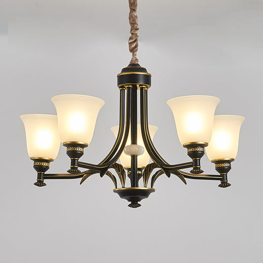 Black and Gold Radial Ceiling Chandelier Traditional Cream Glass 3/5/6 Heads Living Room Pendant Lighting 5 Black-Gold Clearhalo 'Ceiling Lights' 'Chandeliers' 'Glass shade' 'Glass' Lighting' 315738