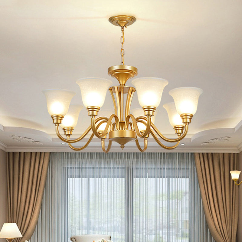 Sputnik Metal Chandelier Lighting Vintage 3/5/6 Bulbs Living Room Ceiling Pendant in Gold with Flared White Glass Shade 8 Gold Clearhalo 'Ceiling Lights' 'Chandeliers' 'Glass shade' 'Glass' Lighting' 315740