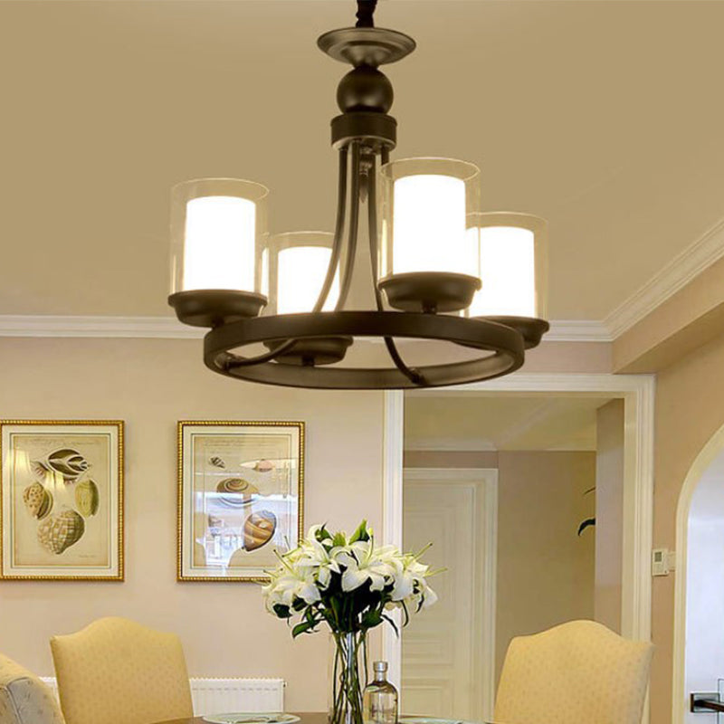 4/6/8 Bulbs Chandelier Lighting Traditional Cylindrical Clear Glass Pendant Ceiling Lamp in Black 4 Black Clearhalo 'Ceiling Lights' 'Chandeliers' 'Glass shade' 'Glass' Lighting' 315762