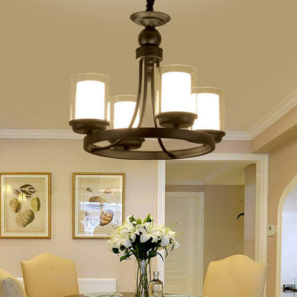 4/6/8 Bulbs Chandelier Lighting Traditional Cylindrical Clear Glass Pendant Ceiling Lamp in Black 4 Black Clearhalo 'Ceiling Lights' 'Chandeliers' 'Glass shade' 'Glass' Lighting' 315762