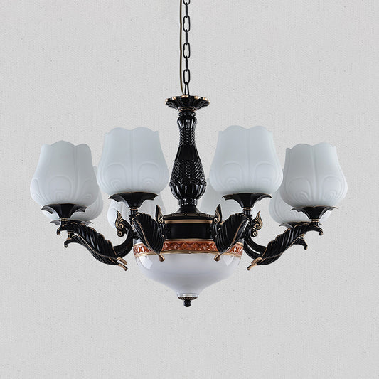Black 4/6/7 Heads Chandelier Lighting Rural Metal Sputnik Suspension Pendant with Floral White Frosted Glass Shade Clearhalo 'Ceiling Lights' 'Chandeliers' 'Close To Ceiling Lights' 'Glass shade' 'Glass' 'Island Lights' Lighting' 315850