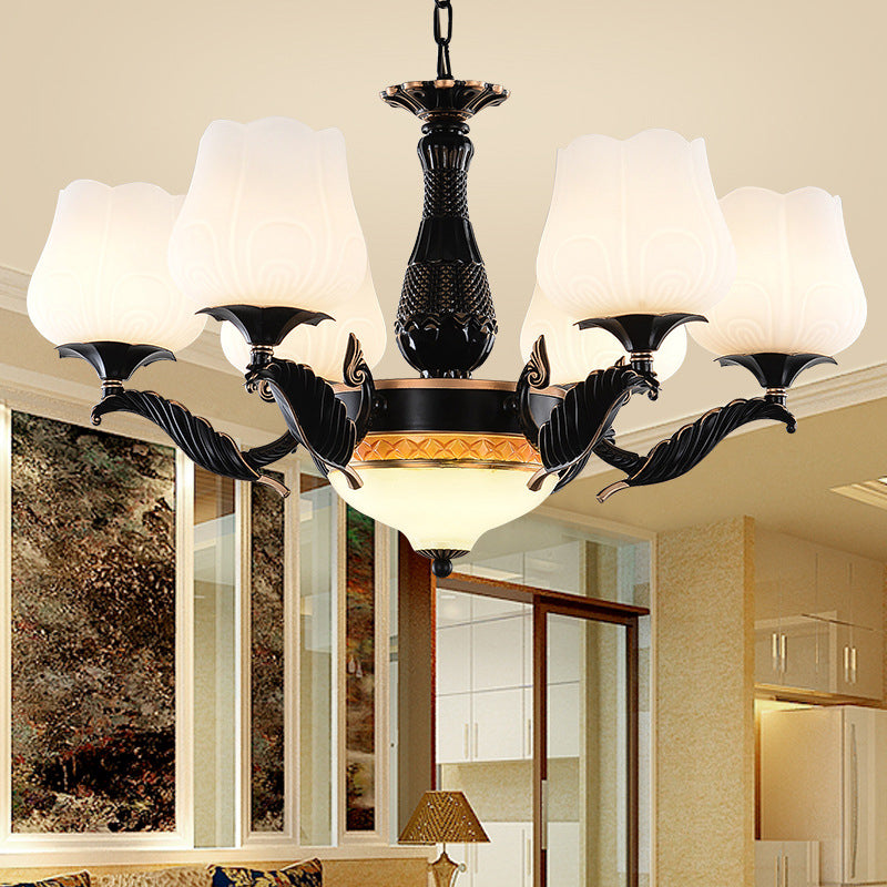 Black 4/6/7 Heads Chandelier Lighting Rural Metal Sputnik Suspension Pendant with Floral White Frosted Glass Shade 7 Black Clearhalo 'Ceiling Lights' 'Chandeliers' 'Close To Ceiling Lights' 'Glass shade' 'Glass' 'Island Lights' Lighting' 315851