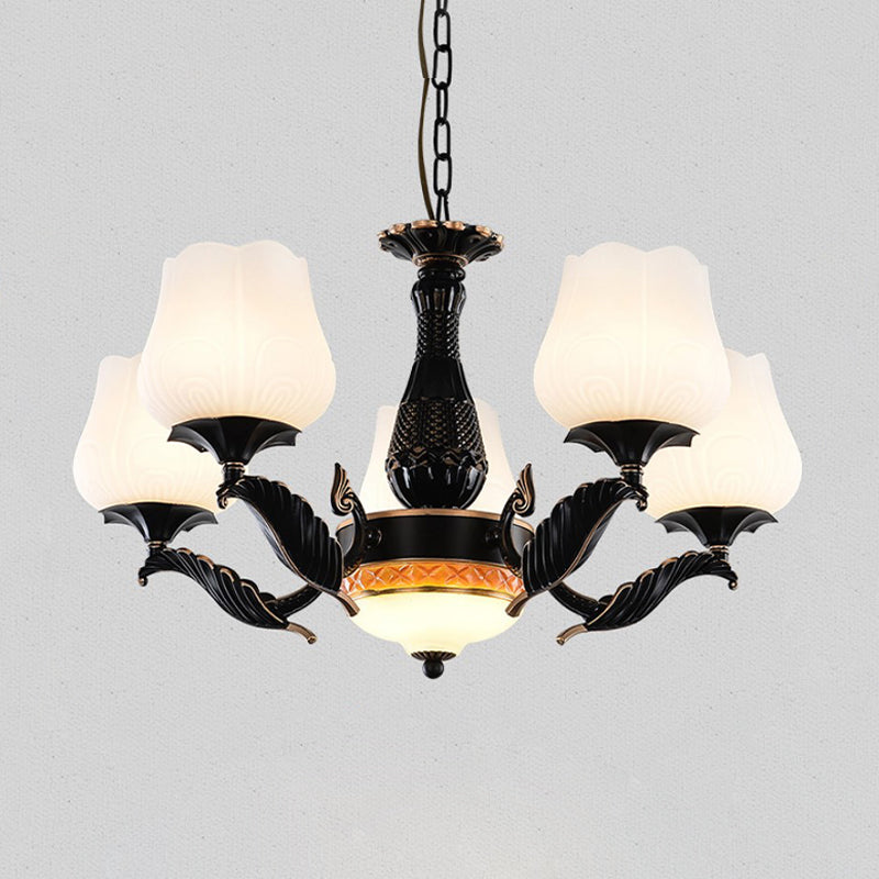 Black 4/6/7 Heads Chandelier Lighting Rural Metal Sputnik Suspension Pendant with Floral White Frosted Glass Shade 6 Black Clearhalo 'Ceiling Lights' 'Chandeliers' 'Close To Ceiling Lights' 'Glass shade' 'Glass' 'Island Lights' Lighting' 315852