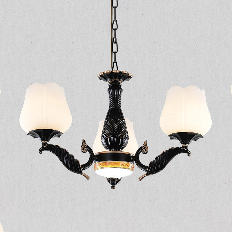 Black 4/6/7 Heads Chandelier Lighting Rural Metal Sputnik Suspension Pendant with Floral White Frosted Glass Shade Clearhalo 'Ceiling Lights' 'Chandeliers' 'Close To Ceiling Lights' 'Glass shade' 'Glass' 'Island Lights' Lighting' 315854