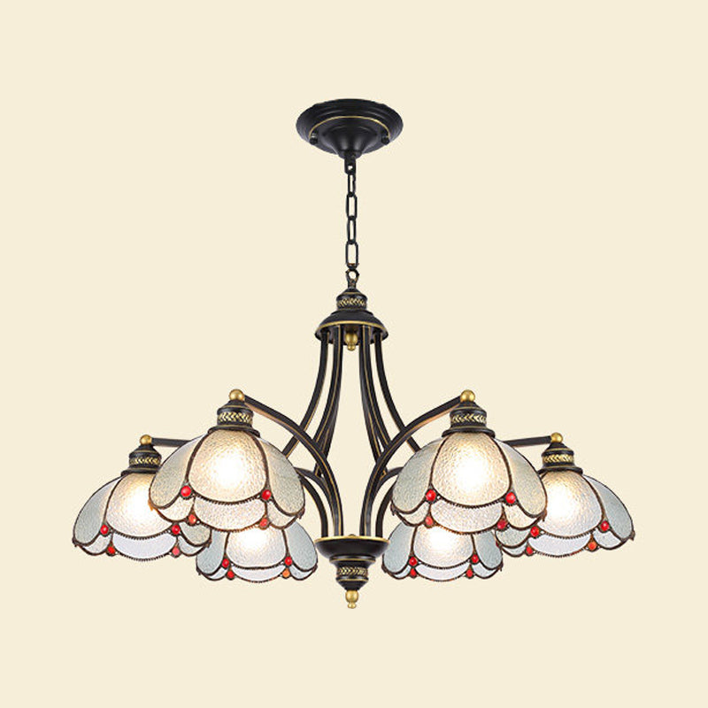 Scalloped Ceiling Chandelier 3/6/8 Lights Stained Glass Tiffany Pendant Lighting in Red/Yellow for Living Room 6 Red Clearhalo 'Ceiling Lights' 'Chandeliers' 'Industrial' 'Middle Century Chandeliers' 'Tiffany Chandeliers' 'Tiffany close to ceiling' 'Tiffany' Lighting' 315858