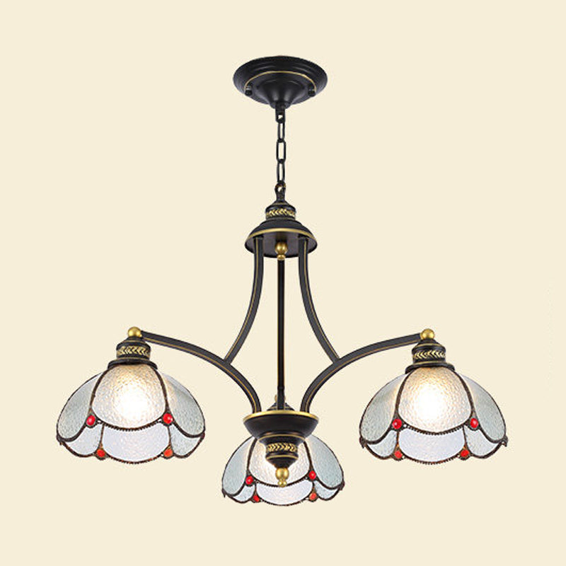 Scalloped Ceiling Chandelier 3/6/8 Lights Stained Glass Tiffany Pendant Lighting in Red/Yellow for Living Room 3 Red Clearhalo 'Ceiling Lights' 'Chandeliers' 'Industrial' 'Middle Century Chandeliers' 'Tiffany Chandeliers' 'Tiffany close to ceiling' 'Tiffany' Lighting' 315859