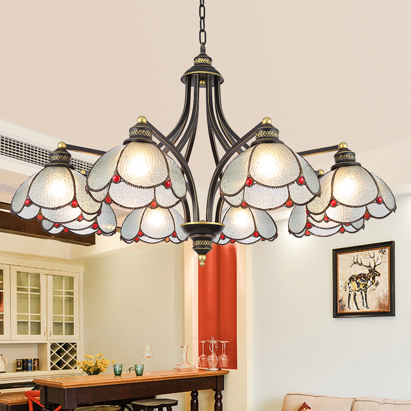 Scalloped Ceiling Chandelier 3/6/8 Lights Stained Glass Tiffany Pendant Lighting in Red/Yellow for Living Room 8 Red Clearhalo 'Ceiling Lights' 'Chandeliers' 'Industrial' 'Middle Century Chandeliers' 'Tiffany Chandeliers' 'Tiffany close to ceiling' 'Tiffany' Lighting' 315860