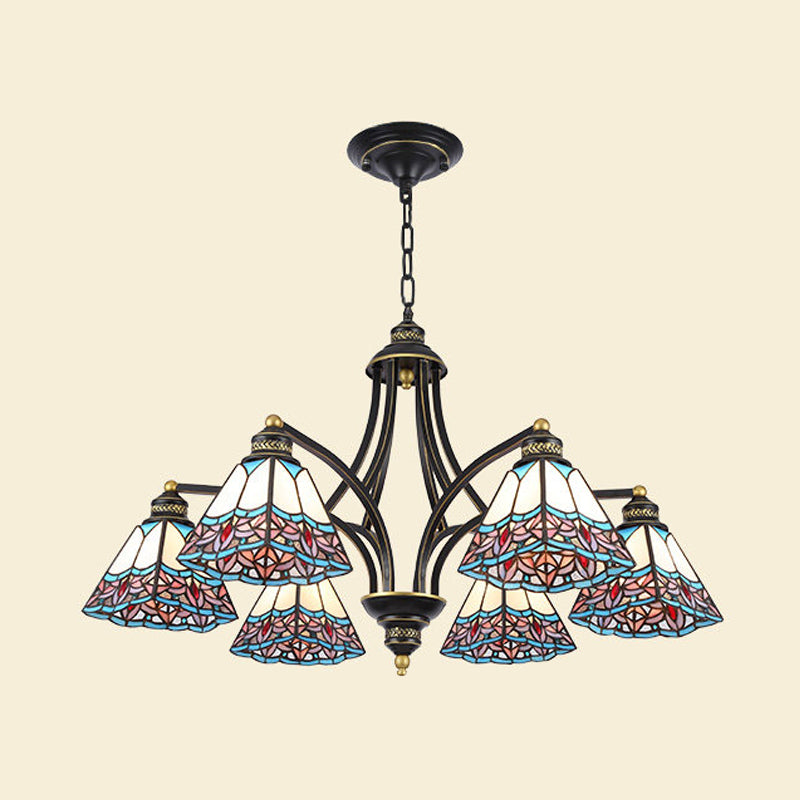 Pyramid Chandelier Lighting Mediterranean Stained Glass 3/6/8 Lights Pink and Blue/Blue and Orange Hanging Ceiling Light for Living Room 6 Pink-Blue Clearhalo 'Ceiling Lights' 'Chandeliers' 'Industrial' 'Middle Century Chandeliers' 'Tiffany Chandeliers' 'Tiffany close to ceiling' 'Tiffany' Lighting' 315866