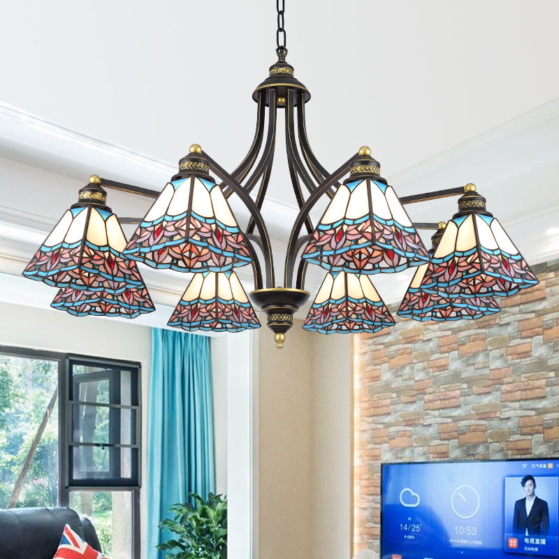 Pyramid Chandelier Lighting Mediterranean Stained Glass 3/6/8 Lights Pink and Blue/Blue and Orange Hanging Ceiling Light for Living Room 8 Pink-Blue Clearhalo 'Ceiling Lights' 'Chandeliers' 'Industrial' 'Middle Century Chandeliers' 'Tiffany Chandeliers' 'Tiffany close to ceiling' 'Tiffany' Lighting' 315868