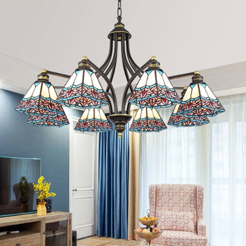 Pyramid Chandelier Lighting Mediterranean Stained Glass 3/6/8 Lights Pink and Blue/Blue and Orange Hanging Ceiling Light for Living Room Clearhalo 'Ceiling Lights' 'Chandeliers' 'Industrial' 'Middle Century Chandeliers' 'Tiffany Chandeliers' 'Tiffany close to ceiling' 'Tiffany' Lighting' 315869