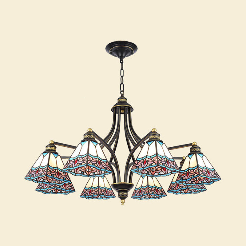 Pyramid Chandelier Lighting Mediterranean Stained Glass 3/6/8 Lights Pink and Blue/Blue and Orange Hanging Ceiling Light for Living Room Clearhalo 'Ceiling Lights' 'Chandeliers' 'Industrial' 'Middle Century Chandeliers' 'Tiffany Chandeliers' 'Tiffany close to ceiling' 'Tiffany' Lighting' 315870