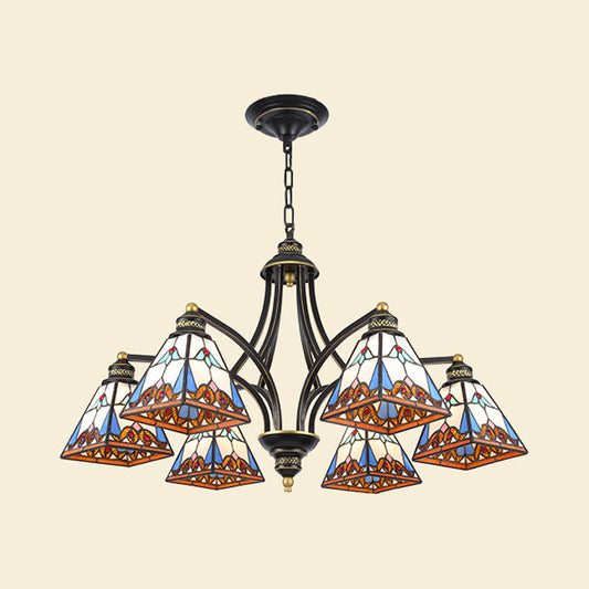 Pyramid Chandelier Lighting Mediterranean Stained Glass 3/6/8 Lights Pink and Blue/Blue and Orange Hanging Ceiling Light for Living Room 6 Blue-Orange Clearhalo 'Ceiling Lights' 'Chandeliers' 'Industrial' 'Middle Century Chandeliers' 'Tiffany Chandeliers' 'Tiffany close to ceiling' 'Tiffany' Lighting' 315872