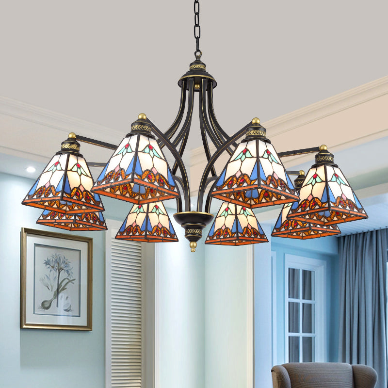 Pyramid Chandelier Lighting Mediterranean Stained Glass 3/6/8 Lights Pink and Blue/Blue and Orange Hanging Ceiling Light for Living Room 8 Blue-Orange Clearhalo 'Ceiling Lights' 'Chandeliers' 'Industrial' 'Middle Century Chandeliers' 'Tiffany Chandeliers' 'Tiffany close to ceiling' 'Tiffany' Lighting' 315873