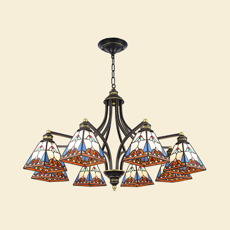 Pyramid Chandelier Lighting Mediterranean Stained Glass 3/6/8 Lights Pink and Blue/Blue and Orange Hanging Ceiling Light for Living Room Clearhalo 'Ceiling Lights' 'Chandeliers' 'Industrial' 'Middle Century Chandeliers' 'Tiffany Chandeliers' 'Tiffany close to ceiling' 'Tiffany' Lighting' 315874