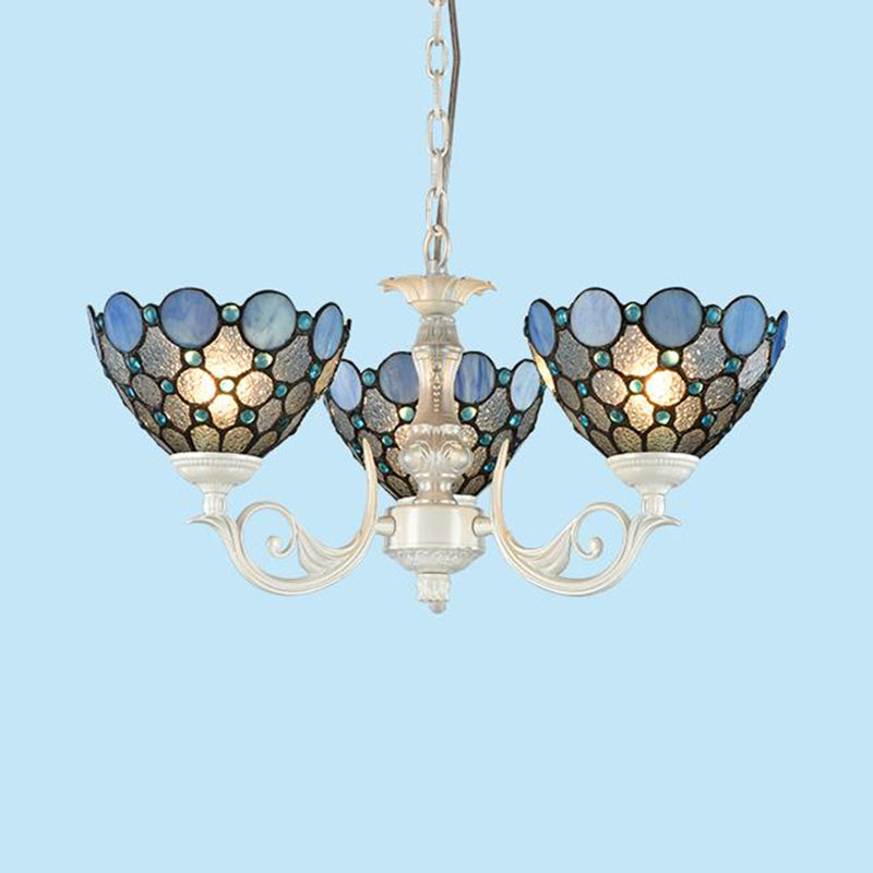 Tiffany Bowl Chandelier Lighting 3/5 Lights Cut Glass Hanging Lamp Kit in White for Bedroom Clearhalo 'Ceiling Lights' 'Chandeliers' 'Industrial' 'Middle Century Chandeliers' 'Tiffany Chandeliers' 'Tiffany close to ceiling' 'Tiffany' Lighting' 315876