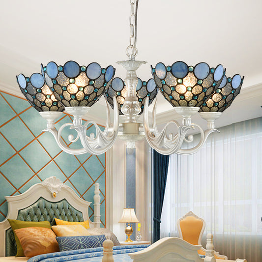 Tiffany Bowl Chandelier Lighting 3/5 Lights Cut Glass Hanging Lamp Kit in White for Bedroom 5.0 White Clearhalo 'Ceiling Lights' 'Chandeliers' 'Industrial' 'Middle Century Chandeliers' 'Tiffany Chandeliers' 'Tiffany close to ceiling' 'Tiffany' Lighting' 315877