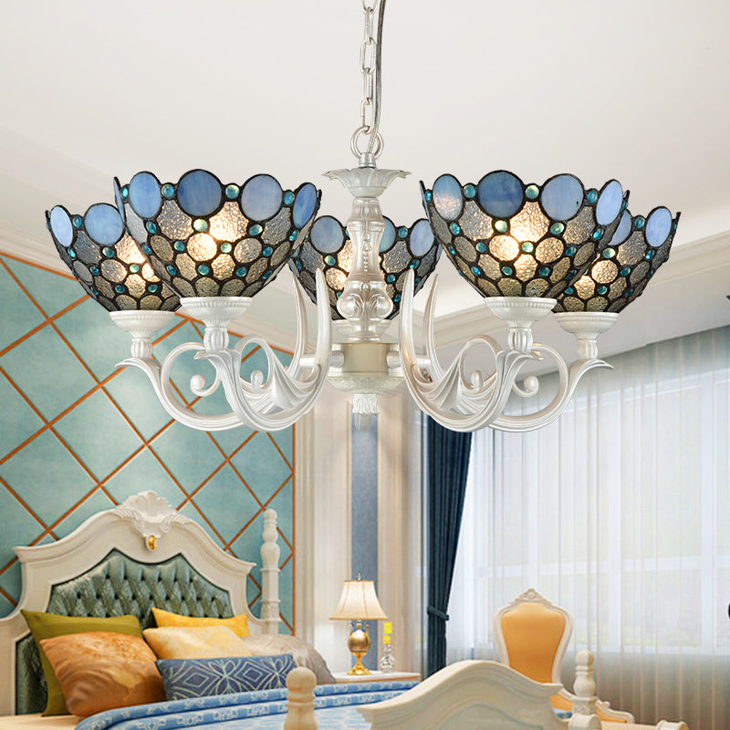 Tiffany Bowl Chandelier Lighting 3/5 Lights ,shopify Cut Glass Hanging Lamp Kit in White for Bedroom 5 White Clearhalo 'Ceiling Lights' 'Chandeliers' 'Lighting' 315877_9449abd9-df86-4e92-a8b6-fdc165c78b3e
