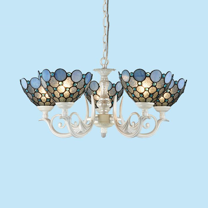 Tiffany Bowl Chandelier Lighting 3/5 Lights Cut Glass Hanging Lamp Kit in White for Bedroom Clearhalo 'Ceiling Lights' 'Chandeliers' 'Industrial' 'Middle Century Chandeliers' 'Tiffany Chandeliers' 'Tiffany close to ceiling' 'Tiffany' Lighting' 315878