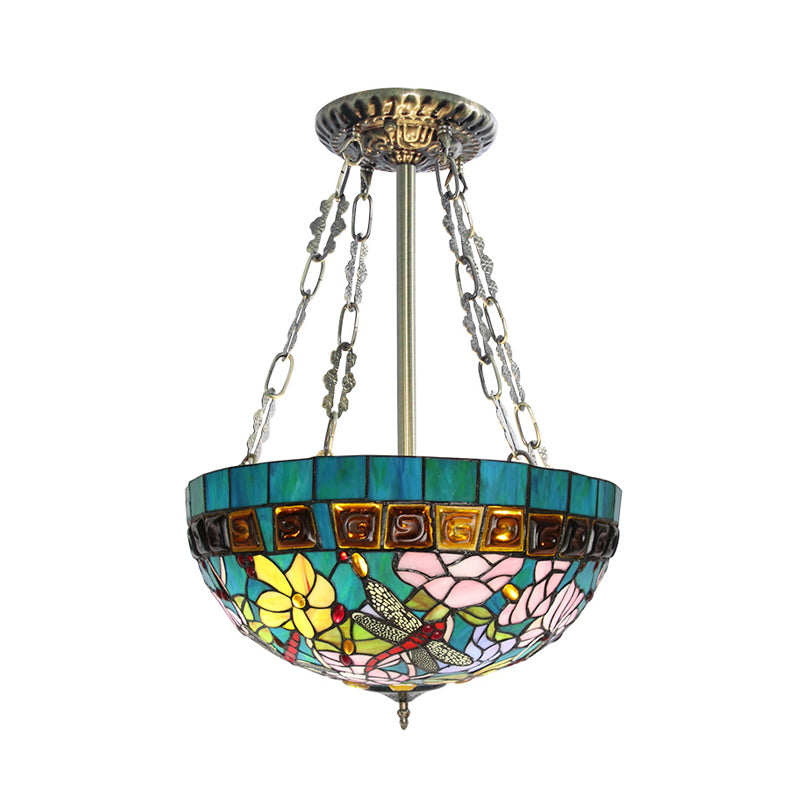 Blue Dragonfly Ceiling Mount Tiffany 3 Heads Handcrafted Art Glass Semi Flush Light Clearhalo 'Ceiling Lights' 'Close To Ceiling Lights' 'Close to ceiling' 'Glass shade' 'Glass' 'Semi-flushmount' 'Tiffany close to ceiling' 'Tiffany' Lighting' 315884