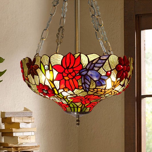 Stained Glass Flower Semi Flush Light Tiffany 3 Heads Red Close to Ceiling Light Red Clearhalo 'Ceiling Lights' 'Close To Ceiling Lights' 'Close to ceiling' 'Glass shade' 'Glass' 'Island Lights' 'Semi-flushmount' 'Tiffany close to ceiling' 'Tiffany' Lighting' 315885