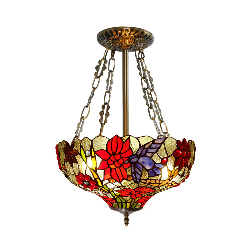 Stained Glass Flower Semi Flush Light Tiffany 3 Heads Red Close to Ceiling Light Clearhalo 'Ceiling Lights' 'Close To Ceiling Lights' 'Close to ceiling' 'Glass shade' 'Glass' 'Island Lights' 'Semi-flushmount' 'Tiffany close to ceiling' 'Tiffany' Lighting' 315886