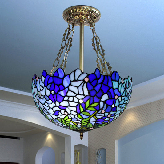 Dome Ceiling Mounted Fixture Mediterranean Stained Glass 3 Heads Blue Semi Flush Light Blue Clearhalo 'Ceiling Lights' 'Close To Ceiling Lights' 'Close to ceiling' 'Glass shade' 'Glass' 'Island Lights' 'Semi-flushmount' 'Tiffany close to ceiling' 'Tiffany' Lighting' 315887