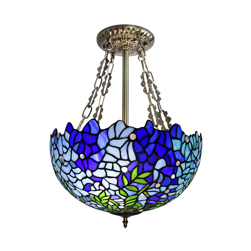 Dome Ceiling Mounted Fixture Mediterranean Stained Glass 3 Heads Blue Semi Flush Light Clearhalo 'Ceiling Lights' 'Close To Ceiling Lights' 'Close to ceiling' 'Glass shade' 'Glass' 'Island Lights' 'Semi-flushmount' 'Tiffany close to ceiling' 'Tiffany' Lighting' 315888