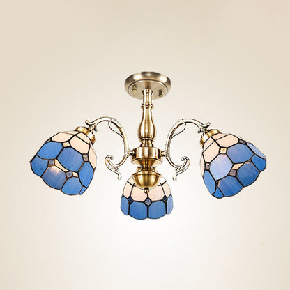 Grid Patterned Ceiling Light Handcrafted Art Glass 3/5/11 Heads Blue Semi Flush Mount Light Fixture 3 Blue Clearhalo 'Ceiling Lights' 'Close To Ceiling Lights' 'Close to ceiling' 'Glass shade' 'Glass' 'Semi-flushmount' 'Tiffany close to ceiling' 'Tiffany' Lighting' 315891