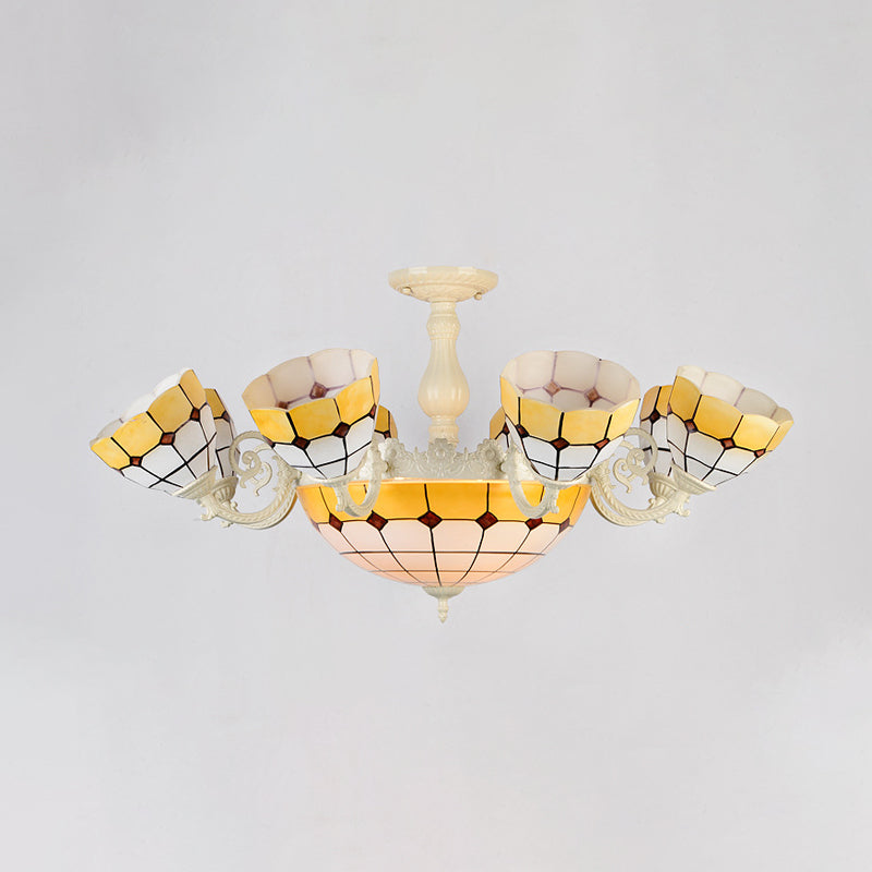 11 Heads Grid Patterned Ceiling Lighting Tiffany Gold/White Stained Glass Semi Flush Mount Lighting White Clearhalo 'Ceiling Lights' 'Close To Ceiling Lights' 'Close to ceiling' 'Glass shade' 'Glass' 'Semi-flushmount' 'Tiffany close to ceiling' 'Tiffany' Lighting' 315894