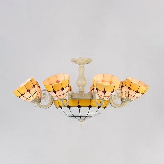 11 Heads Grid Patterned Ceiling Lighting Tiffany Gold/White Stained Glass Semi Flush Mount Lighting Gold Clearhalo 'Ceiling Lights' 'Close To Ceiling Lights' 'Close to ceiling' 'Glass shade' 'Glass' 'Semi-flushmount' 'Tiffany close to ceiling' 'Tiffany' Lighting' 315895