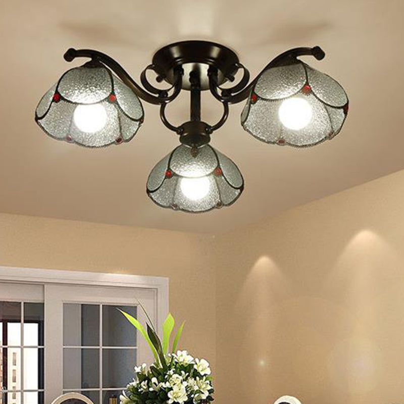 Scalloped Stained Glass Ceiling Lamp Tiffany 3/6/8 Heads Gray/White/Blue Semi Flush Mount Light 3 Grey Clearhalo 'Ceiling Lights' 'Close To Ceiling Lights' 'Close to ceiling' 'Glass shade' 'Glass' 'Semi-flushmount' 'Tiffany close to ceiling' 'Tiffany' Lighting' 315902
