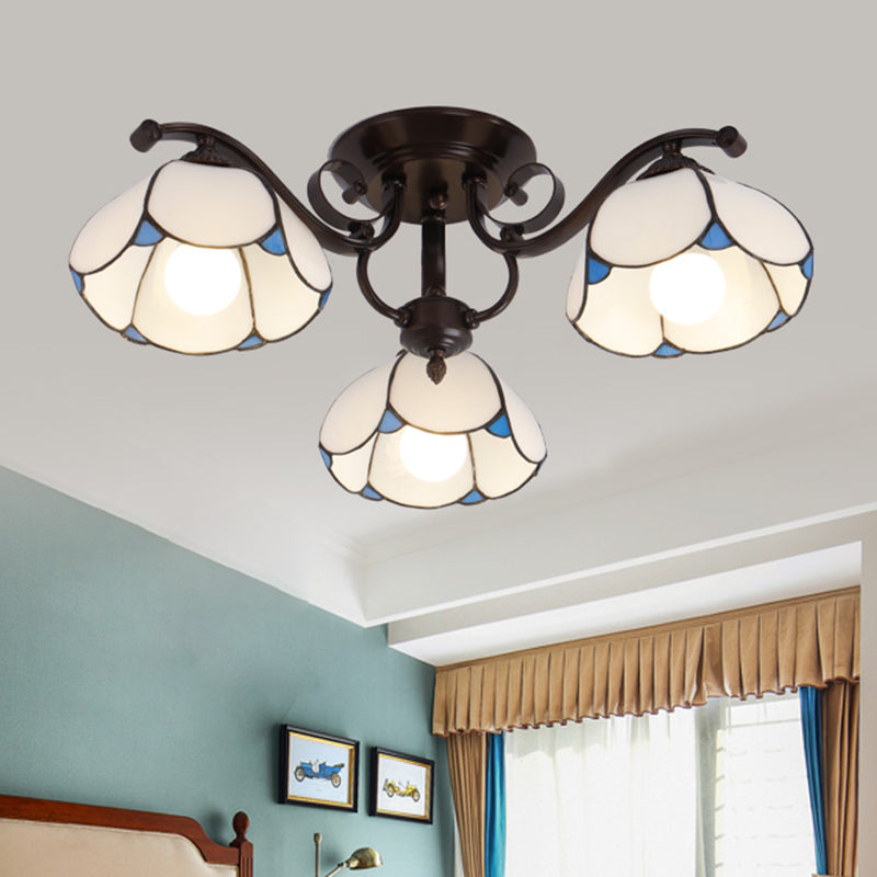 Scalloped Stained Glass Ceiling Lamp Tiffany 3/6/8 Heads Gray/White/Blue Semi Flush Mount Light 3 White Clearhalo 'Ceiling Lights' 'Close To Ceiling Lights' 'Close to ceiling' 'Glass shade' 'Glass' 'Semi-flushmount' 'Tiffany close to ceiling' 'Tiffany' Lighting' 315904