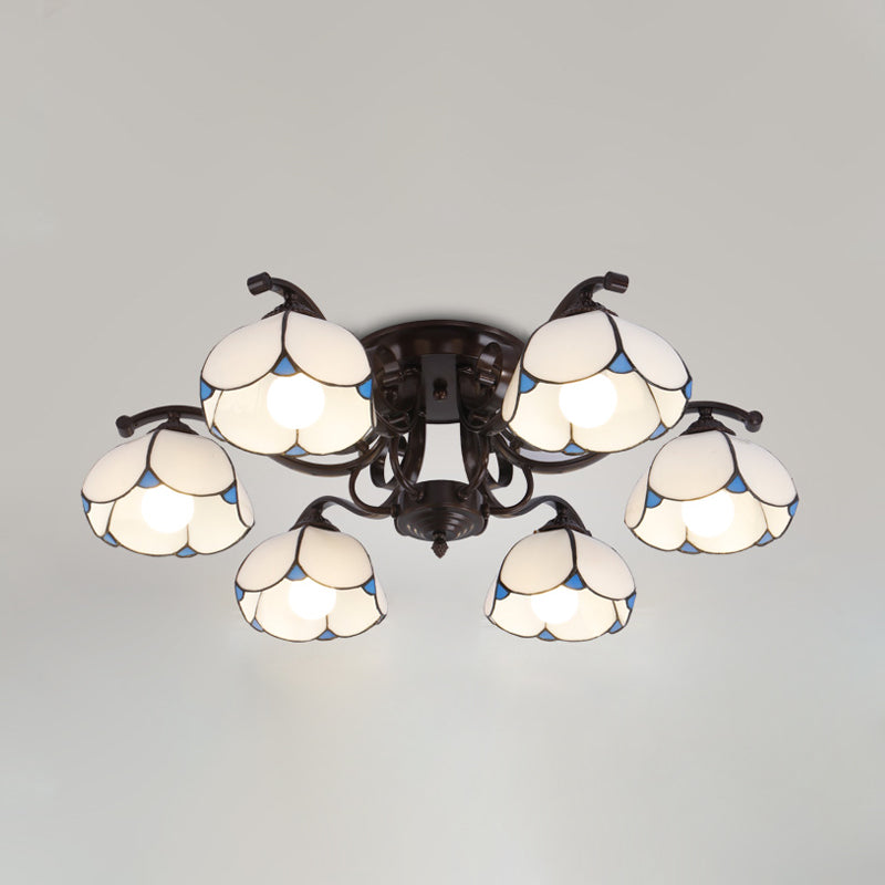 Scalloped Stained Glass Ceiling Lamp Tiffany 3/6/8 Heads Gray/White/Blue Semi Flush Mount Light 6 White Clearhalo 'Ceiling Lights' 'Close To Ceiling Lights' 'Close to ceiling' 'Glass shade' 'Glass' 'Semi-flushmount' 'Tiffany close to ceiling' 'Tiffany' Lighting' 315905