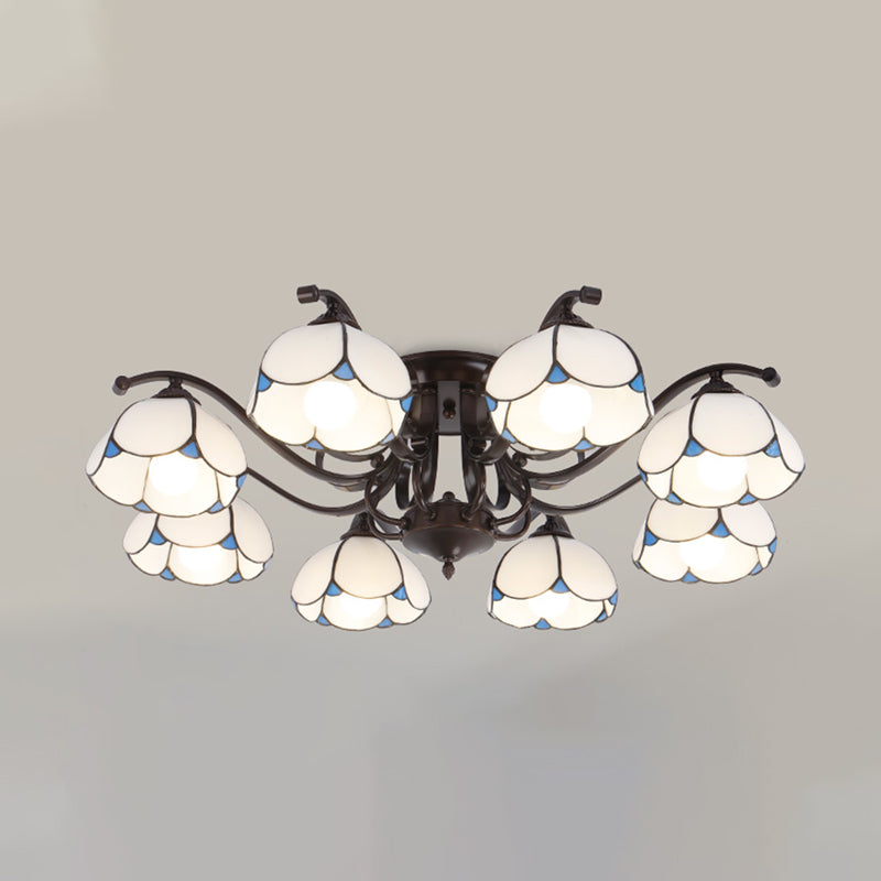 Scalloped Stained Glass Ceiling Lamp Tiffany 3/6/8 Heads Gray/White/Blue Semi Flush Mount Light 8 White Clearhalo 'Ceiling Lights' 'Close To Ceiling Lights' 'Close to ceiling' 'Glass shade' 'Glass' 'Semi-flushmount' 'Tiffany close to ceiling' 'Tiffany' Lighting' 315906