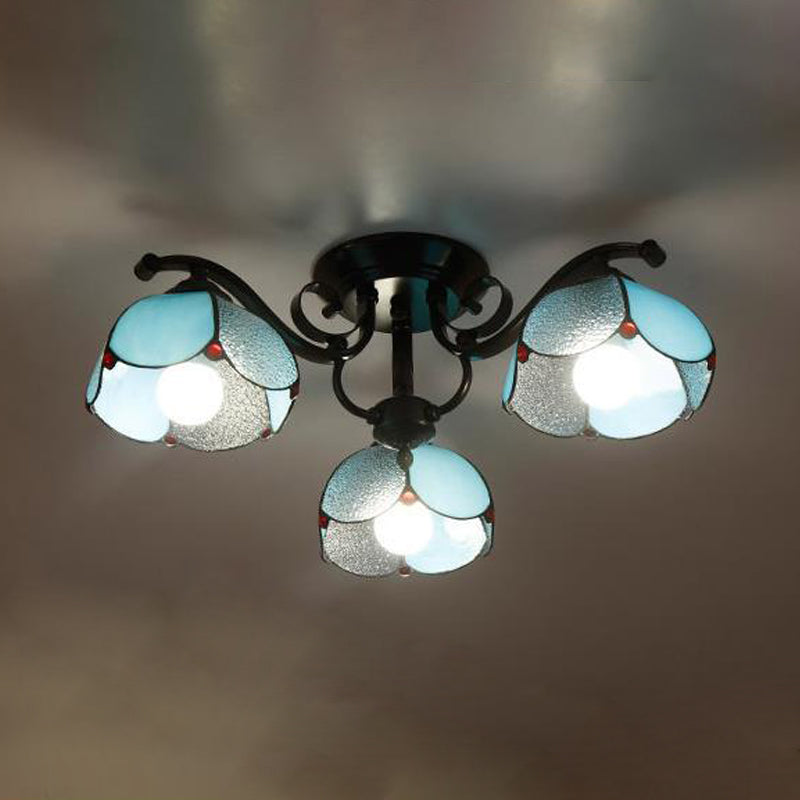Scalloped Stained Glass Ceiling Lamp Tiffany 3/6/8 Heads Gray/White/Blue Semi Flush Mount Light 3 Blue Clearhalo 'Ceiling Lights' 'Close To Ceiling Lights' 'Close to ceiling' 'Glass shade' 'Glass' 'Semi-flushmount' 'Tiffany close to ceiling' 'Tiffany' Lighting' 315907