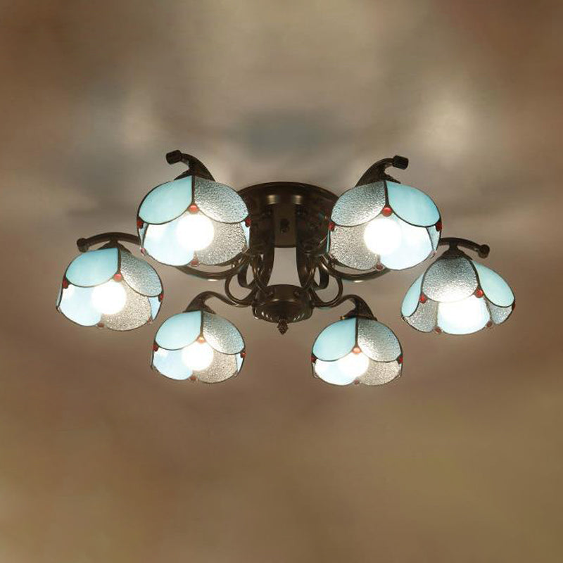 Scalloped Stained Glass Ceiling Lamp Tiffany 3/6/8 Heads Gray/White/Blue Semi Flush Mount Light 6 Blue Clearhalo 'Ceiling Lights' 'Close To Ceiling Lights' 'Close to ceiling' 'Glass shade' 'Glass' 'Semi-flushmount' 'Tiffany close to ceiling' 'Tiffany' Lighting' 315908