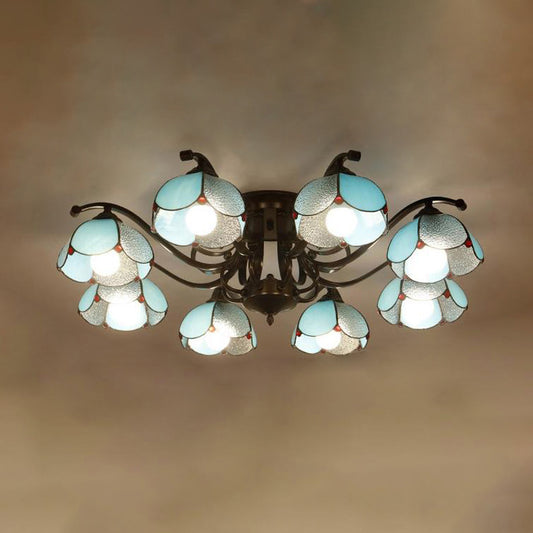 Scalloped Stained Glass Ceiling Lamp Tiffany 3/6/8 Heads Gray/White/Blue Semi Flush Mount Light 8 Blue Clearhalo 'Ceiling Lights' 'Close To Ceiling Lights' 'Close to ceiling' 'Glass shade' 'Glass' 'Semi-flushmount' 'Tiffany close to ceiling' 'Tiffany' Lighting' 315909