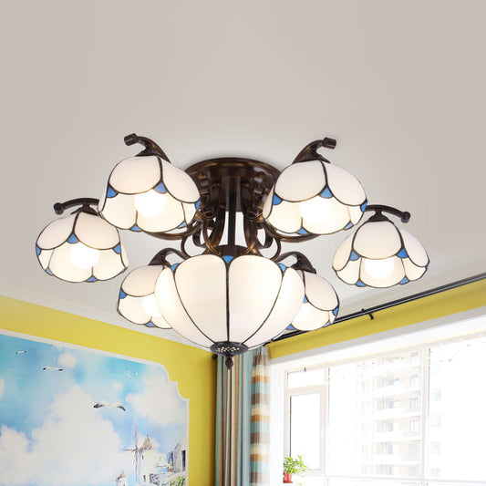 9 Heads Scalloped Ceiling Lighting Tiffany Gray/White/Blue Handcrafted Art Glass Semi Flush Light Fixture White Clearhalo 'Ceiling Lights' 'Close To Ceiling Lights' 'Close to ceiling' 'Glass shade' 'Glass' 'Semi-flushmount' 'Tiffany close to ceiling' 'Tiffany' Lighting' 315910