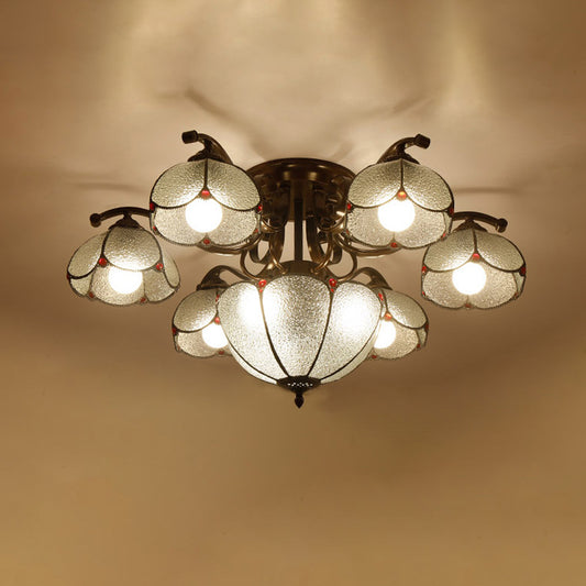 9 Heads Scalloped Ceiling Lighting Tiffany Gray/White/Blue Handcrafted Art Glass Semi Flush Light Fixture Grey Clearhalo 'Ceiling Lights' 'Close To Ceiling Lights' 'Close to ceiling' 'Glass shade' 'Glass' 'Semi-flushmount' 'Tiffany close to ceiling' 'Tiffany' Lighting' 315912
