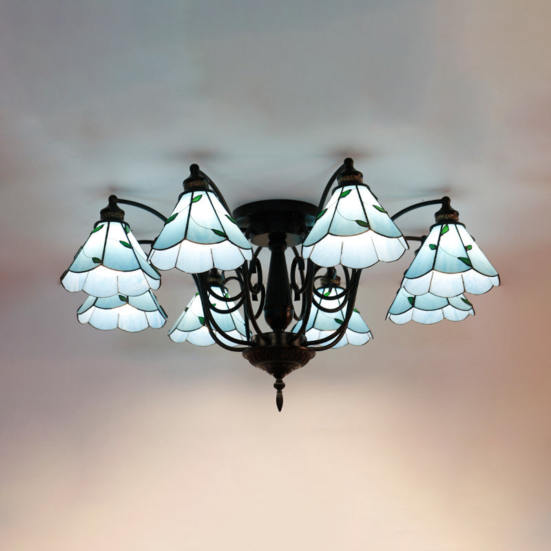 8 Heads Cone Ceiling Mounted Light Tiffany White/Blue Handcrafted Art Glass Semi Flush Light Fixture Blue Clearhalo 'Ceiling Lights' 'Close To Ceiling Lights' 'Close to ceiling' 'Glass shade' 'Glass' 'Semi-flushmount' 'Tiffany close to ceiling' 'Tiffany' Lighting' 315921