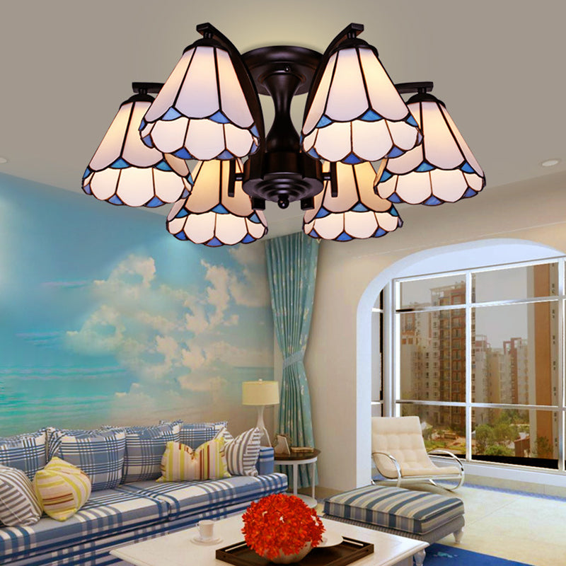 Conical Semi Flush Mount Tiffany Stained Glass 6/8 Heads Blue/Green Close to Ceiling Lighting 6 Blue Clearhalo 'Ceiling Lights' 'Close To Ceiling Lights' 'Close to ceiling' 'Glass shade' 'Glass' 'Semi-flushmount' 'Tiffany close to ceiling' 'Tiffany' Lighting' 315923