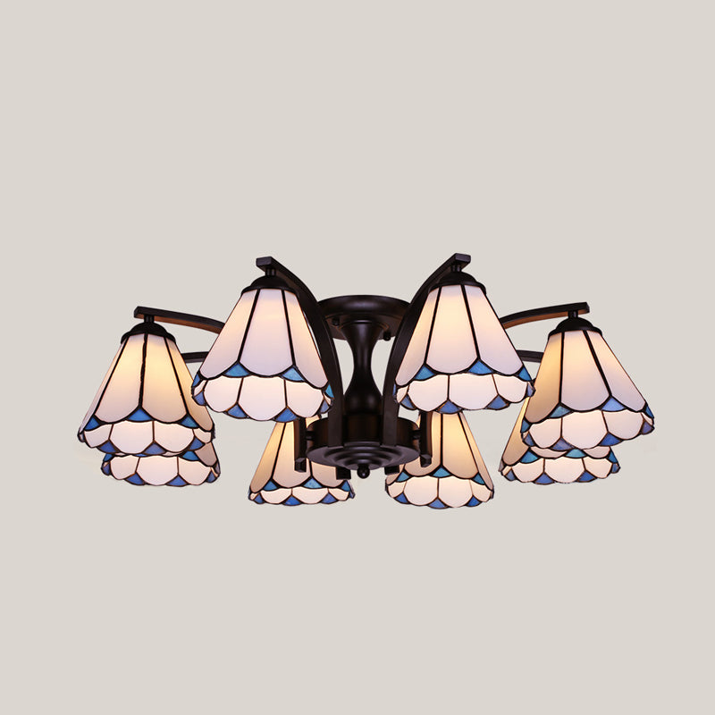 Conical Semi Flush Mount Tiffany Stained Glass 6/8 Heads Blue/Green Close to Ceiling Lighting 8 Blue Clearhalo 'Ceiling Lights' 'Close To Ceiling Lights' 'Close to ceiling' 'Glass shade' 'Glass' 'Semi-flushmount' 'Tiffany close to ceiling' 'Tiffany' Lighting' 315924
