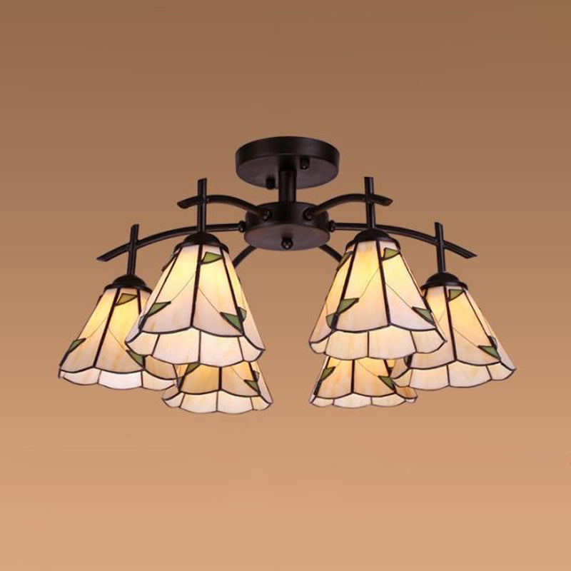 Conical Semi Flush Mount Tiffany Stained Glass 6/8 Heads Blue/Green Close to Ceiling Lighting 6 Green Clearhalo 'Ceiling Lights' 'Close To Ceiling Lights' 'Close to ceiling' 'Glass shade' 'Glass' 'Semi-flushmount' 'Tiffany close to ceiling' 'Tiffany' Lighting' 315925