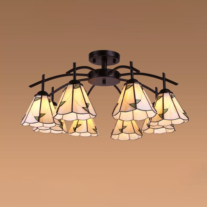 Conical Semi Flush Mount Tiffany Stained Glass 6/8 Heads Blue/Green Close to Ceiling Lighting 8 Green Clearhalo 'Ceiling Lights' 'Close To Ceiling Lights' 'Close to ceiling' 'Glass shade' 'Glass' 'Semi-flushmount' 'Tiffany close to ceiling' 'Tiffany' Lighting' 315926