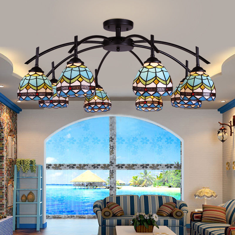 Blue Bowl Semi Flush Mount Lamp Mediterranean 6/8 Lights Stained Glass Close to Ceiling Lamp 8 Blue Clearhalo 'Ceiling Lights' 'Close To Ceiling Lights' 'Close to ceiling' 'Glass shade' 'Glass' 'Semi-flushmount' 'Tiffany close to ceiling' 'Tiffany' Lighting' 315927