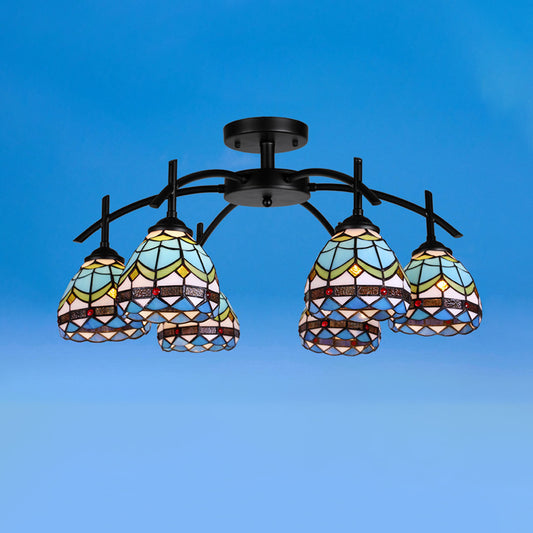 Blue Bowl Semi Flush Mount Lamp Mediterranean 6/8 Lights Stained Glass Close to Ceiling Lamp 6 Blue Clearhalo 'Ceiling Lights' 'Close To Ceiling Lights' 'Close to ceiling' 'Glass shade' 'Glass' 'Semi-flushmount' 'Tiffany close to ceiling' 'Tiffany' Lighting' 315928