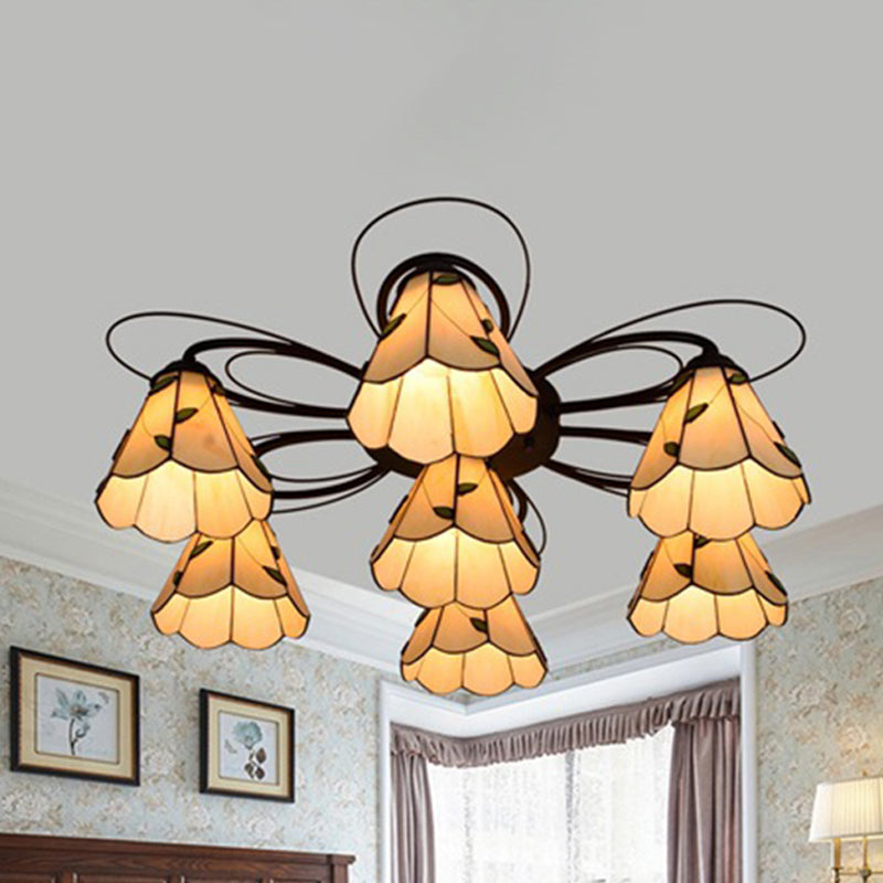 Cone Stained Glass Semi Flush Mount Mediterranean 3/7/9 Heads Yellow/Blue Ceiling Light Fixture 7 Yellow Clearhalo 'Ceiling Lights' 'Close To Ceiling Lights' 'Close to ceiling' 'Glass shade' 'Glass' 'Semi-flushmount' 'Tiffany close to ceiling' 'Tiffany' Lighting' 315929