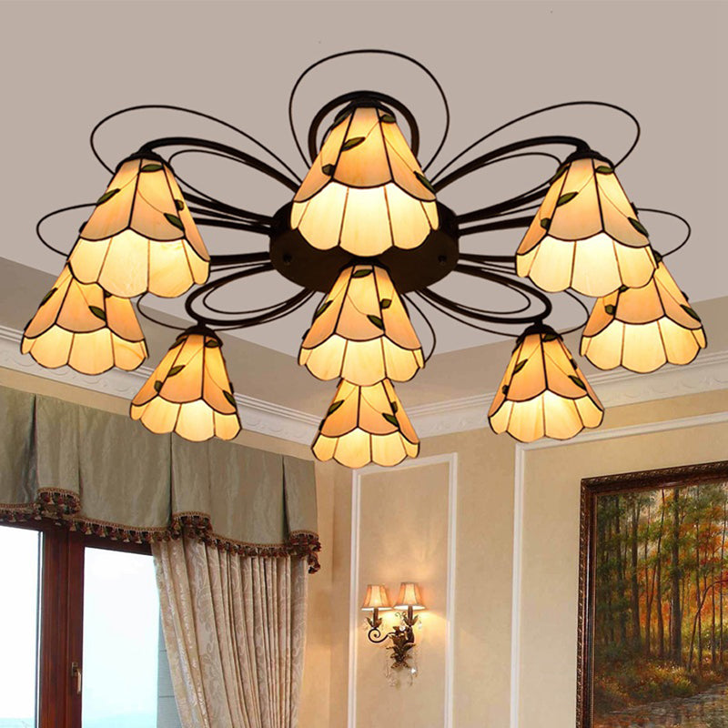 Cone Stained Glass Semi Flush Mount Mediterranean 3/7/9 Heads Yellow/Blue Ceiling Light Fixture 9 Yellow Clearhalo 'Ceiling Lights' 'Close To Ceiling Lights' 'Close to ceiling' 'Glass shade' 'Glass' 'Semi-flushmount' 'Tiffany close to ceiling' 'Tiffany' Lighting' 315931