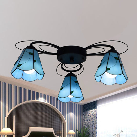 Cone Stained Glass Semi Flush Mount Mediterranean 3/7/9 Heads Yellow/Blue Ceiling Light Fixture 3 Blue Clearhalo 'Ceiling Lights' 'Close To Ceiling Lights' 'Close to ceiling' 'Glass shade' 'Glass' 'Semi-flushmount' 'Tiffany close to ceiling' 'Tiffany' Lighting' 315932